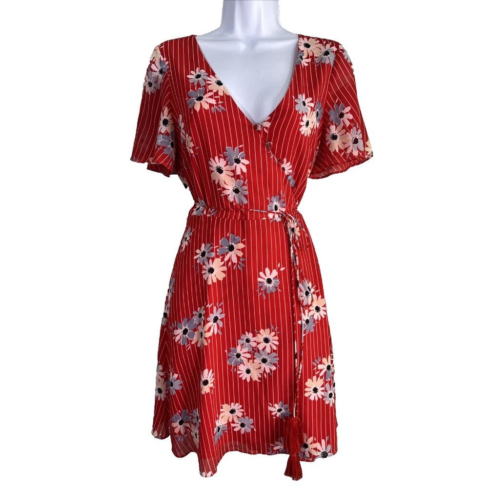 Madewell Dress Women 4 Red Floral‎ Striped Faux Wrap Picnic Summer Boho Feminine